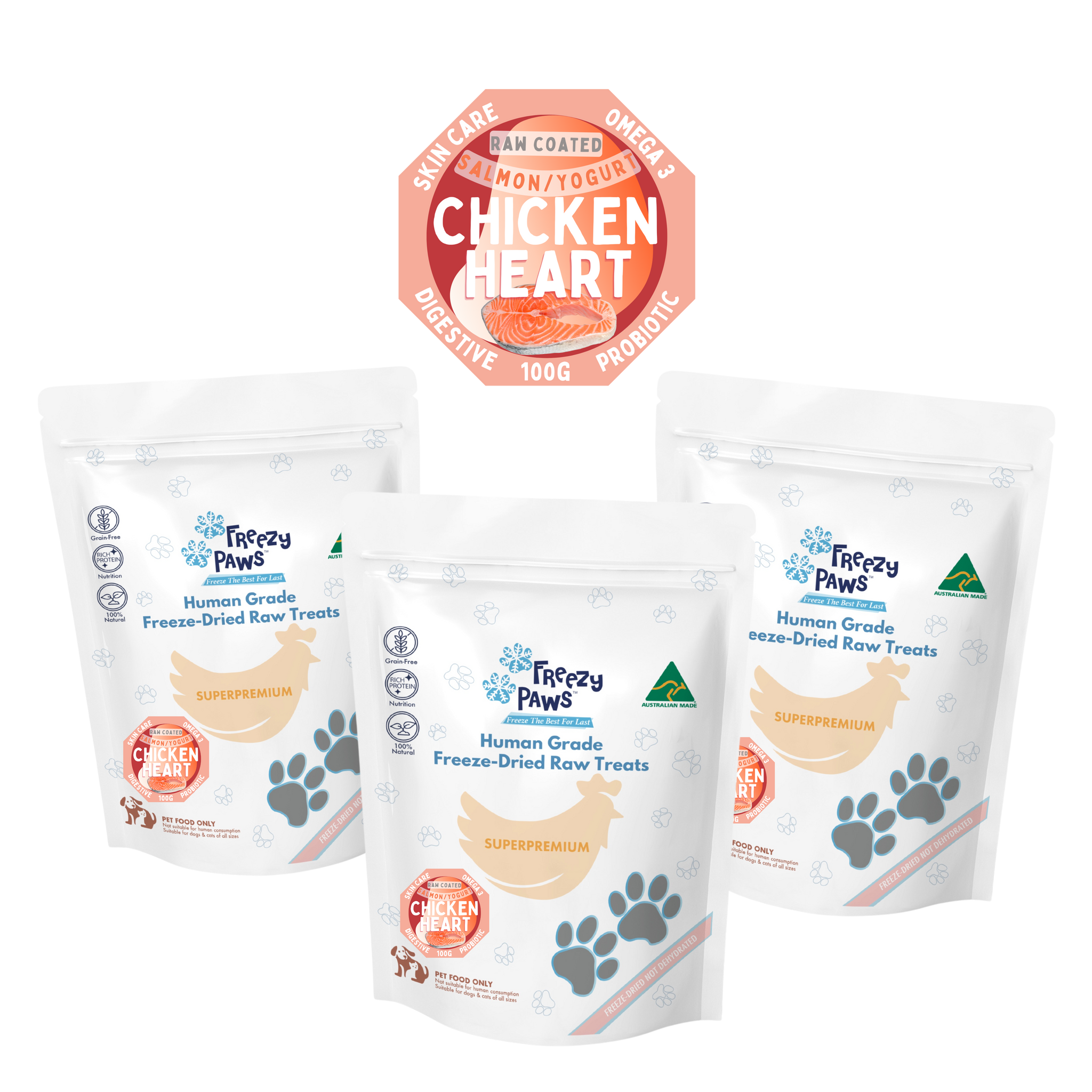 FP Freeze-Dried Raw Salmon Coated Chicken Heart Treats 100g x 3 bags (Bulk Buy 300g)