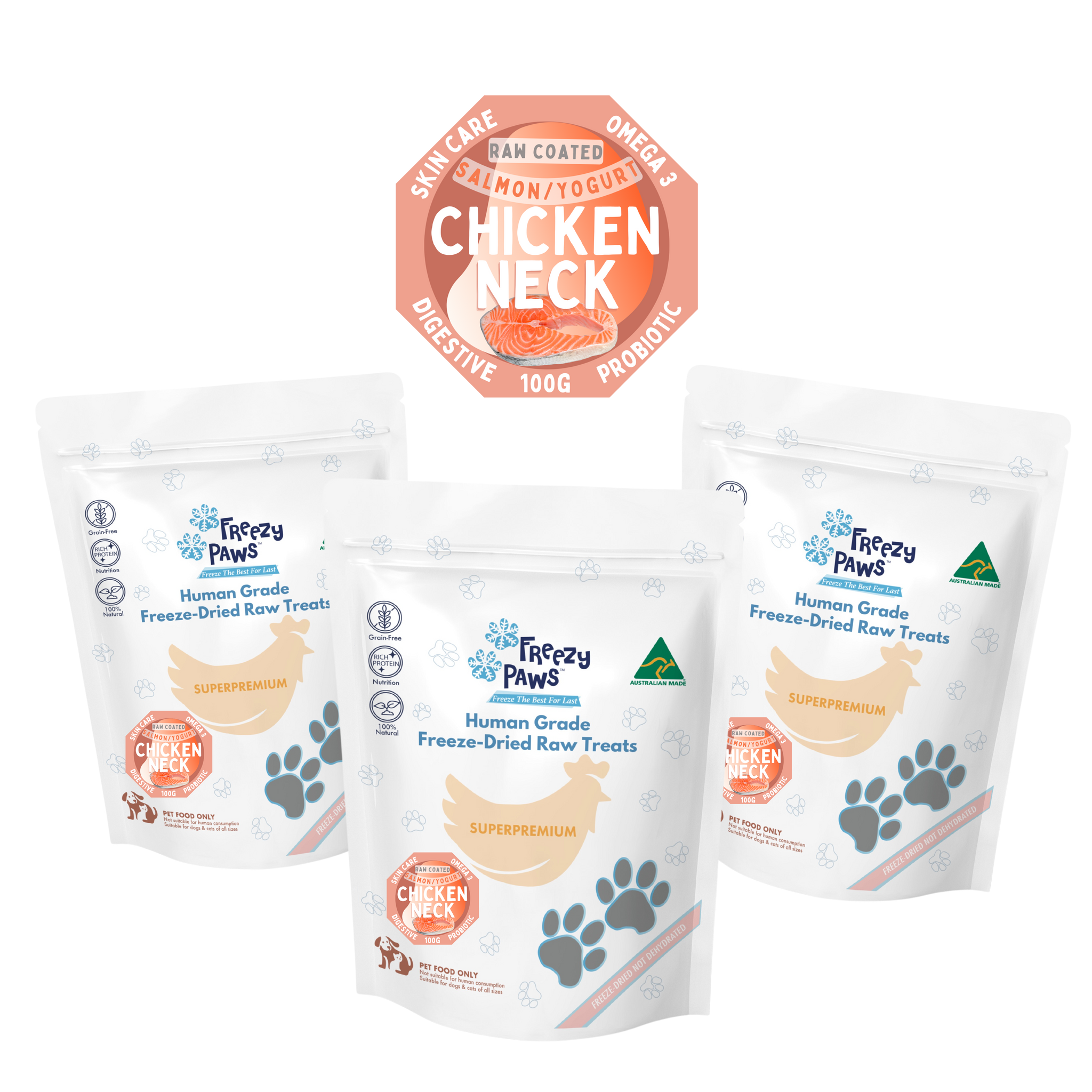 FP Freeze-Dried Raw Salmon Coated Chicken Neck Treats 100g x 3 bags (Bulk Buy 300g)