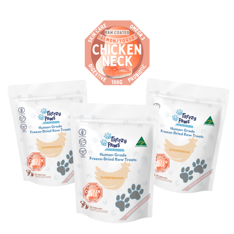 FP Freeze-Dried Raw Salmon Coated Chicken Neck Treats 100g x 3 bags (Bulk Buy 300g)