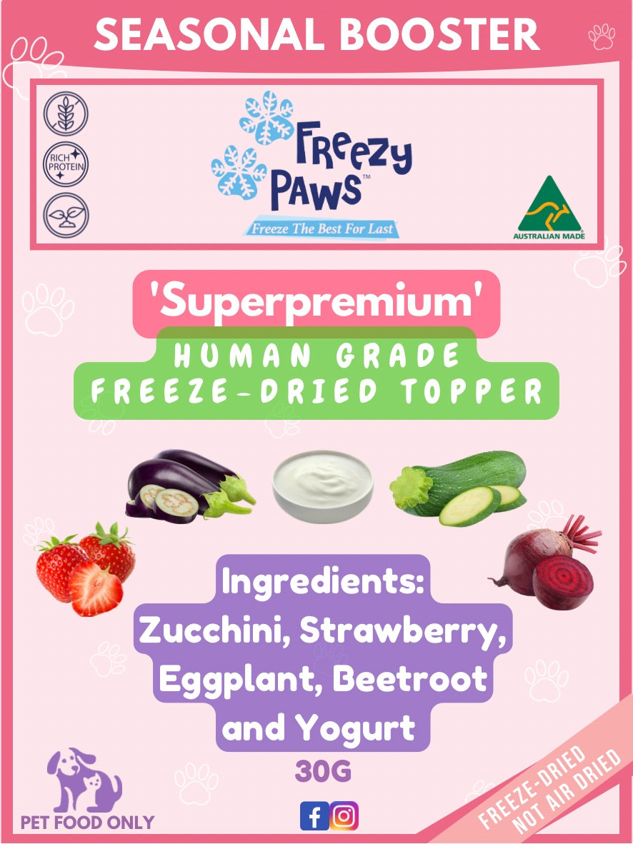 FP Human GradeFreeze-Dried Raw Seasonal Fruit & Veggie Meal Topper: Strawberry, Zucchini, Beetroot, Eggplant with Yogurt Mix (30g)