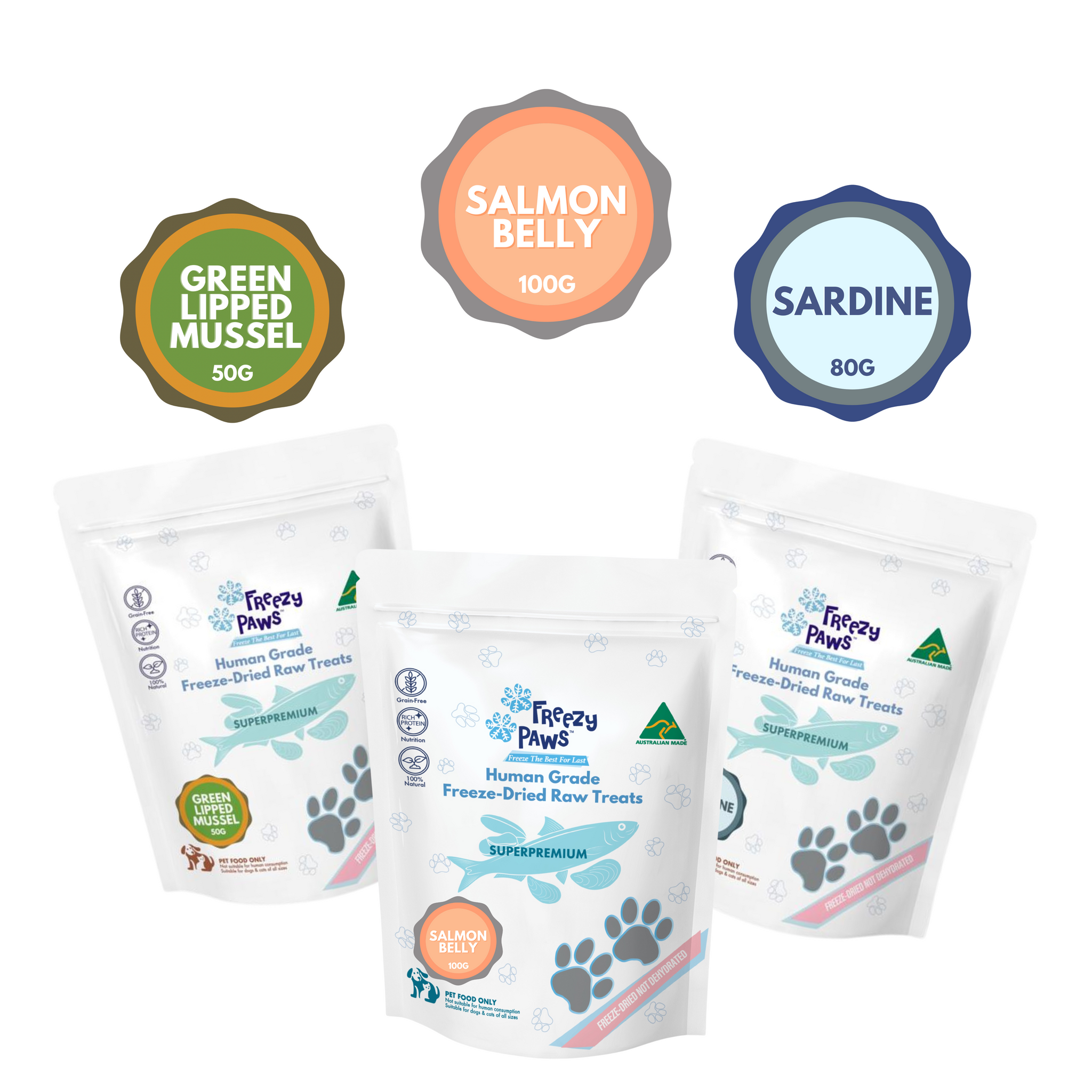 Seafood Combo - Freeze-Dried Raw Treats  (Salmon Belly, Green Lipped Mussel & Sardine)