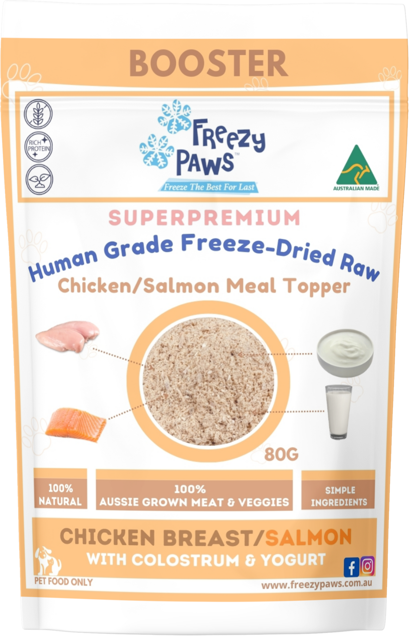 FP - Human Grade Freeze-Dried Raw Meal Topper: Chicken, Salmon w/Colostrum & Yogurt Mix (80g)