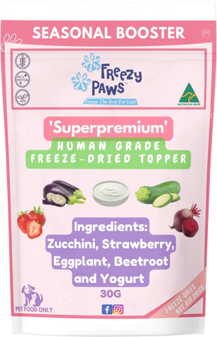 FP Human Grade Freeze-Dried Raw Seasonal Fruit & Veggie Meal Topper: Strawberry, Zucchini, Beetroot, Eggplant with Yogurt Mix (30g)